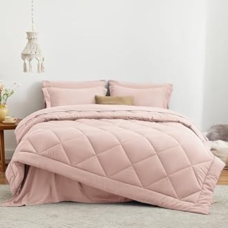 Love's cabin Full Comforter Set Pink, 7 Pieces Full Bed in a Bag, All Season Bedding Sets with 1 Comforter, 1 Flat Sheet, 1 Fitted Sheet, 2 Pillowcase and 2 Pillow Sham