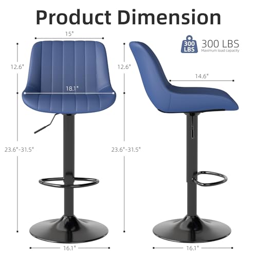 Image of Youhauchair Adjustable Faux Leather Bar Stools Set of 2, Blue | Swivel, Counter Height, Back & Footrest, Armless, PU, Modern, Kitchen Island Stool, Upholstered Dining Room Chair