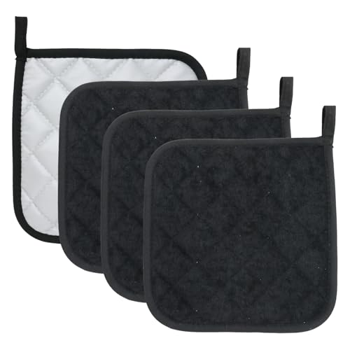 Honbay 4PCS Black Terry Cloth Pot Holders Kitchen Insulation Mats Heat Resistant Pot-Holder Oven Anti-Scald Pads for Cooking Baking