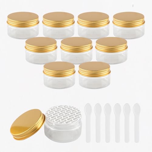 PQPAUTY 12 Stück Kleine 100 ml Transparent Kunststoff Leere Cremedose Dose mit Gold Deckel 100 g Leerdose Schraubdose Blechdosen Kosmetische Behälter Tiegel, 6 Stück Spatel