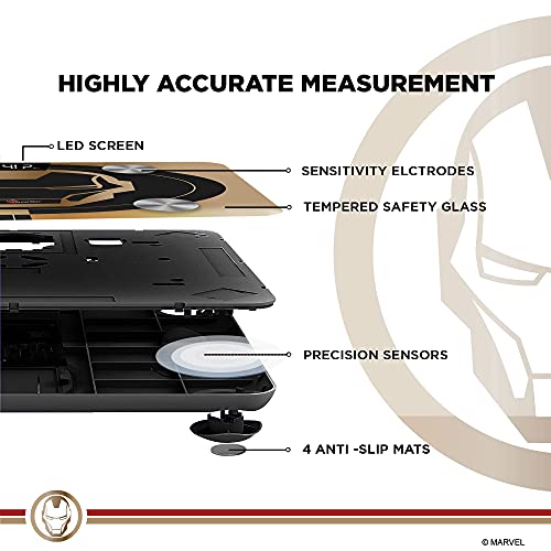 PowerMax X Marvel BCA-130 Marvel Edition Iron Man Series Digital Weight Machine for Human Body - High Accuracy Bathroom Weighing Scale with Step-on Technology & Super Durable 6mm Tempered Glass 4