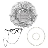 URATOT 5 Pieces Halloween Kids Old Lady Wig Costume Set Wig with Glasses Chain Pearl Necklace Bracelet Glasses