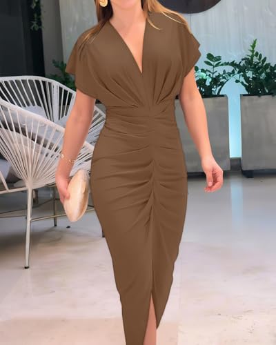 Image of CHICME Summer Dresses for Women Floral Print Plunge V Neck Midi Dress Casual Ruched Slit Bodycon Party Dress