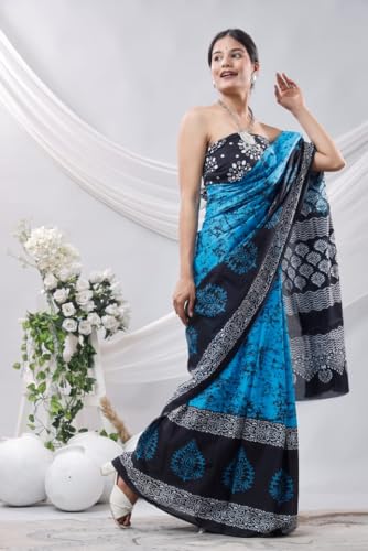Image of Crafts Moda Pure Cotton Floral Print Saree with Blouse for Women