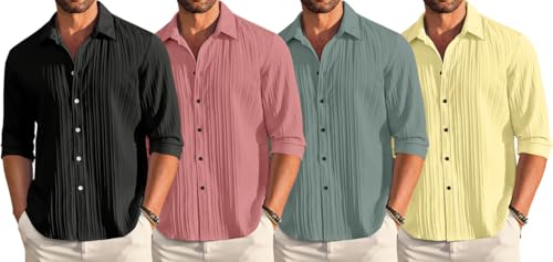 Image of FINIVO FASHION Combo of Men's Casual Cotton Plain Button Down Shirt Long Sleeve Textured Summer Beach Shirt for Men Pack of 4