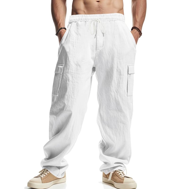 Mens Linen Beach Cargo Pants Elastic Waist Loose Lightweight Baggy Sweatpants with Pockets Casual Trousers2