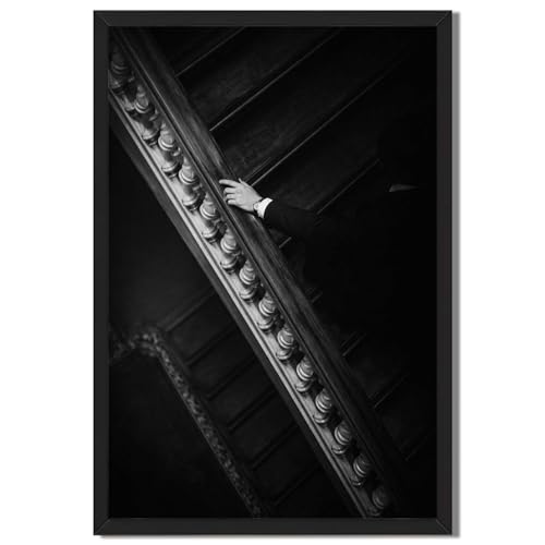 Framed Elegant Staircase Poster Canvas Print Art Vintage Minimalist Aesthetic Wall Art Painting Pictures Wall Decor for Living Room Bedroom Home Decor Wall Decoration (Black framed,12L X16W)