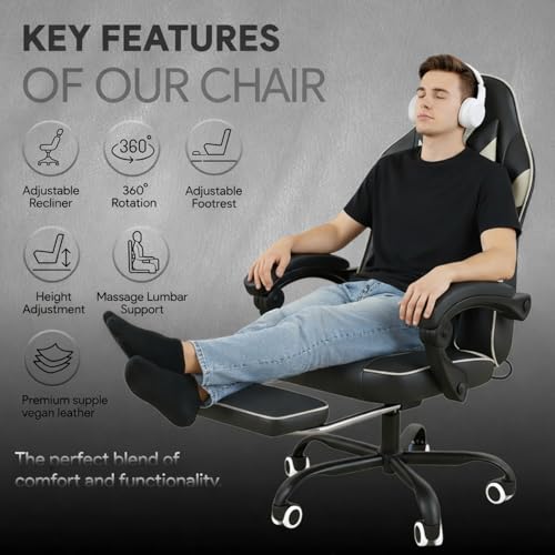 Image of Striker 2026 Edition | Ergonomic Gaming & Office Computer Chair | Premium PU Leather | Dual Massager Back Support | Adjustable Neck & Lumbar Pillow | Ergo Sync Armrests | Footrest (Grey)
