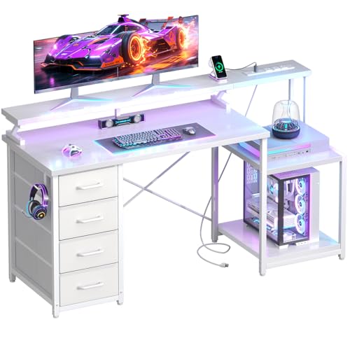 Image of ODK 55 Inch Gaming Computer Desk with Power Outlets and 4 Drawers, Large Home Office Desk with Monitor Stand, Printer Shelf and Storage Shelves for Gaming or Bedroom Setup, White
