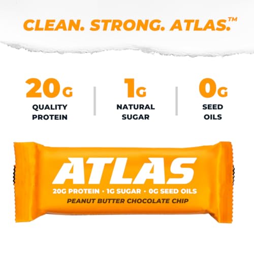 Image of Atlas Real Food Protein Bar - 20g Protein, 9g Fiber, 1g Sugar, No Seed Oils, No Artificial Sweeteners (Peanut Butter Chocolate Chip, 60 Count)