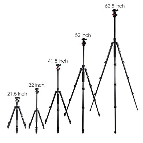MACTREM Tripod DSLR SLR Tripod, 62.5" Light-Weight Aluminum Alloy Camera Tripod Phone Tripod with Phone Holder, 360 Degree Ball Head, Detachable Monopod, 34lbs Load with Carry Bag, Black - Thumbnail 6