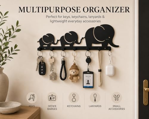Image of Decorative Elephant Metal Key Holder for Wall | Entryway Key Hanger Organizer for Home Decor | Wall Mounted Key Rack for Keys, Keychains & Accessories | No Drilling Required Key Holder