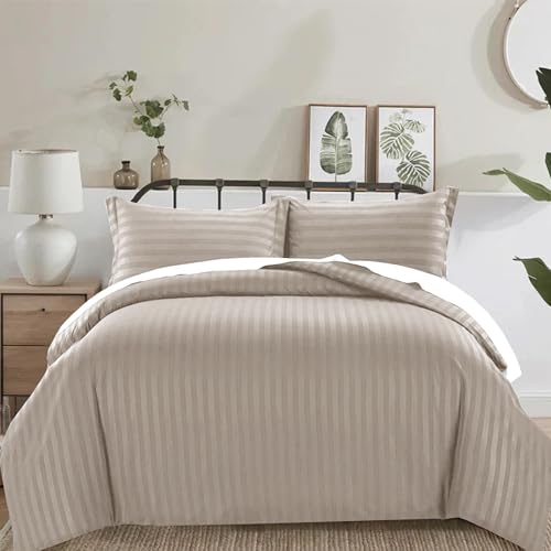 PRIME LINENS 3 Piece Duvet Cover Set Satin Stripes Quilt Cover Bedding Sets with Pillowcases Hotel Quality Ultra Soft Hypoallergenic Machine Washable (Mink, King)