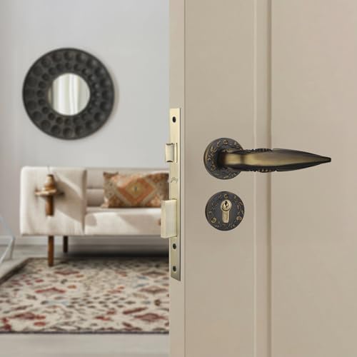 Image of Godrej Mortise Lock | Handle Lock Set for Main & Bedroom Door| Arsa Udaan Rose Handle| 240 mm Eco Lock Body | 70 mm Eco Pin Cylinder 1CK | Antique Brass| 5Year Warranty