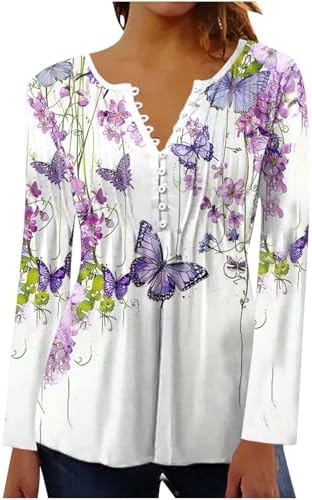 Tunic Tops for Women Loose Fit Dressy Vintage Print Shirts Long Sleeve V Neck Button T Shirt 2024 Casual Fall Blouses