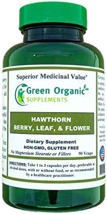 Green Organic Supplements Hawthorn Berry Capsules, Leaf, Flower, Hawthorn Supplements Contains 90 Capsules, Natural Hawthorn Herbs for Cardiovascular Health & Natural Heart Care (Single)