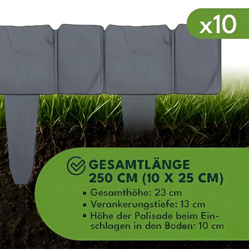 KRUMAD Rasenkante Kunststoff Steinoptik, 10 Stück Set 2,5 Meter, Höhe 23 cm, Beeteinfassung Stein, Beetumrandung Garten, Mähkante für Blumenbeet, Stecksystem, Wetterfest & UV-beständig, Anthrazit