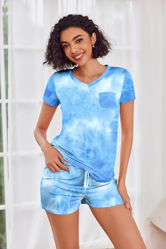 Image of Ekouaer Womens Pajama Sets Short Sleeve Pajamas for Women Sets Soft Lounge Sets Casual V Neck Sleepwear PJS