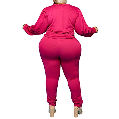 Women Plus Size Solid 2 Piece Outfits Crew Neck Top And High Waist Pants Sport Jumpsuits Sweatsuit Set Rose Red 2X #TOP1