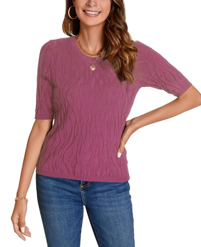 Image of MINTLIMIT Womens Short Sleeve Sweater Summer Pullover Shirt Tops Texture V Neck Casual Knit Tees Tops