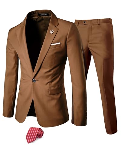 MrSure Men's Suit, 2 Piece Slim Fit Jacket and Pants with Tie, One Button Blazer Trouser for Weddings Proms