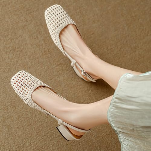Mules et sandales tressées beige taille 40 à talons carrés bas d'été - 4