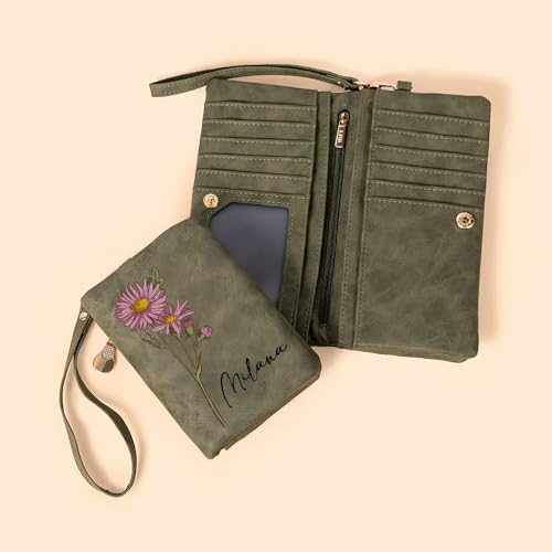 Personalized Birth Flower Wallet for Women Custom Name Watercolor Birthflower Leather Wallet Card Holder with Wristlet Birthday Gift for Mom Girlfriend Friends Bridesmaids3
