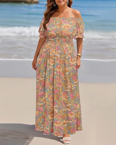 Image of Holipick Women's Off The Shoulder Boho Dress Plus Size Floral Smocked Waist Split Summer Maxi Sundress with Pockets