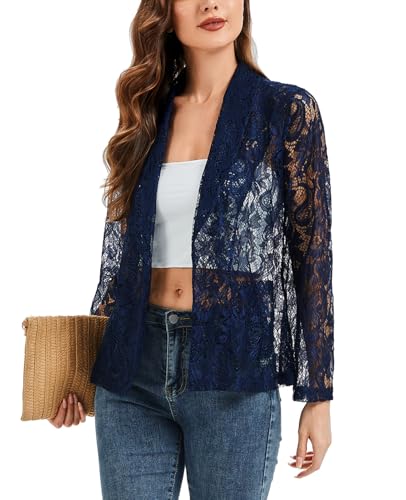 Women's Lace Blazer Open Front 3/4 Sleeve Button Down Sheer Mesh Lace Blazers Elegant Casual Blazer Jacket2