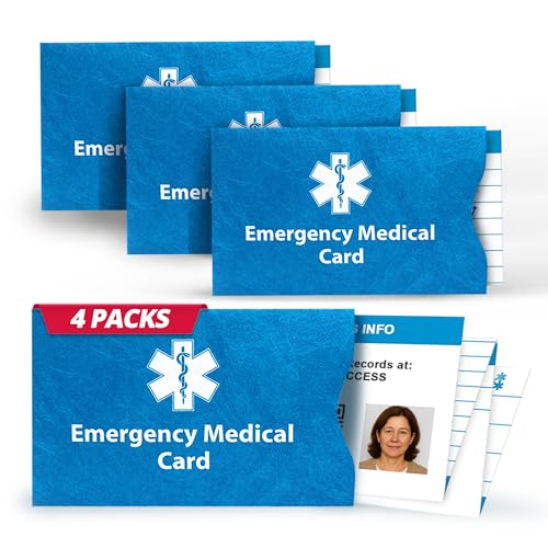 Emergency Medical Alert Informations ID Wallet Cards with Protective Tyvek Sleeves – Recognizable Star of Life Symbol for First Responders, Pocket Size, Pack of 4