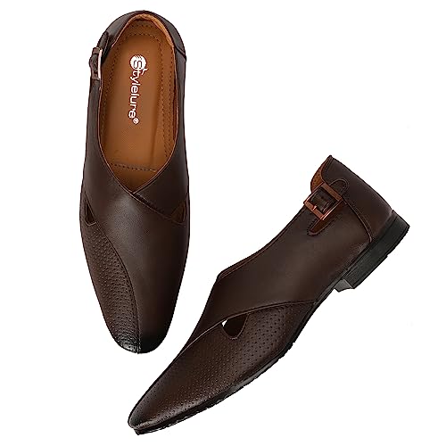 Image of Stylelure Ethnic Premium Leather Black Formal Peshawari Sandals|Summer|Trendy Slip-On Outdoors for Men (Black)