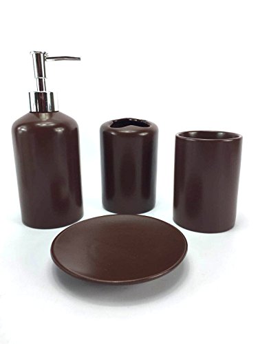 WPM 4 Piece Ceramic Bathroom Accessories Set - Brown - Our Complete Bath Decor Kit Includes Designer Soap or Lotion Dispenser - Toothbrush Holder - Tumbler - Soap Dish