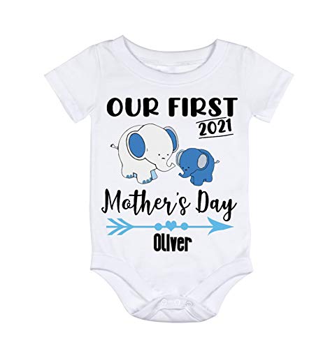 Personalized Custom Baby Name And Year Onesies Our First Mothers Day Print Cute Elephant Family Baby Short Sleeve Onesies Bodysuits Bodysuits from 0 Month to 24 Month Gifts for New Born Unisex Baby