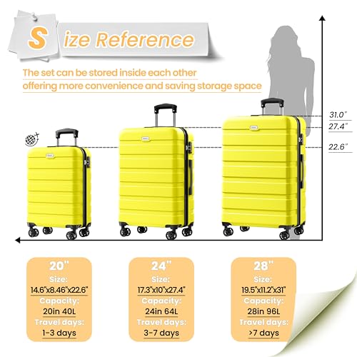 Image of AnyZip Luggage PC ABS Hardside Lightweight Suitcase with 4 Universal Wheels TSA Lock 20 24 28 Inch, Yellow, 3 piece set (20 /24 /28), Fashion