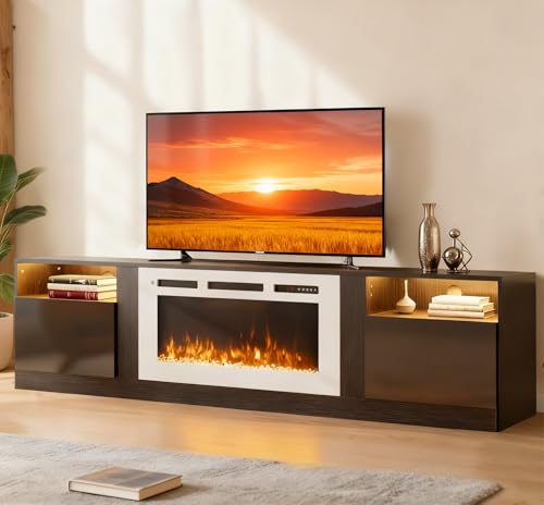 Image of MXV 70 inch Fireplace TV Stand for TVs Up to 80 inch, LED Light Entertainment Center with 36 inch Electric Fireplace, Modern Wood Texture TV Media Console with Highlight Storage Cabinet, Black-White