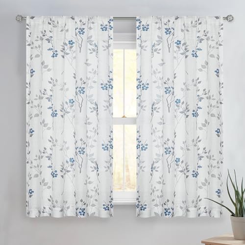 Image of Beauoop Floral Linen Semi Sheer Curtains Living Room Blue Grey 50x54 2 Set