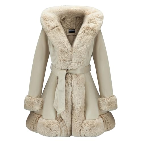 GRAN ORIENTE Beige Suede Jacket for Women with Faux Fur Collar,Long Sleeve Warm Winter Parka Coat with Belt Outerwear(056 Beige M)