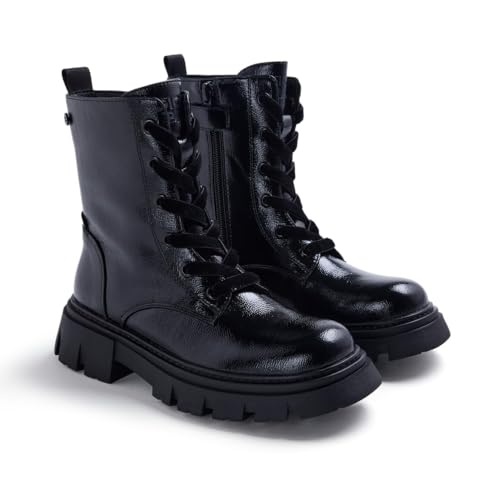 GIOSEPPO Botín niña unisex Negro con detalle brillo y cordones terciopelo con suela TPR flexible altura 3,5 cm y plantilla acolchada, Tacón 3,5 cm. Cierre cremallera.