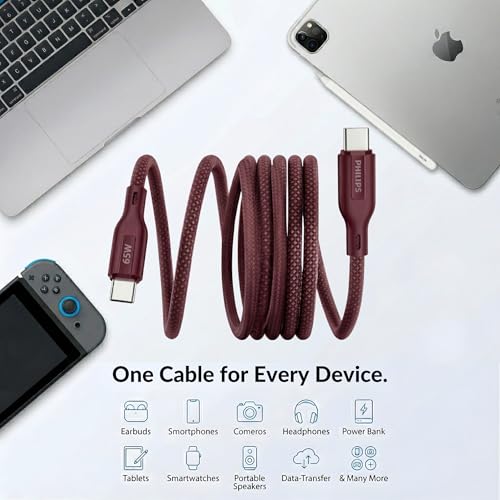 Image of PHILIPS DLC4160CI /94 65W Type-C to Type-C Fast Charging Cable (2m, Iron Red) | Nylon Braided | Compatible with iPhone 15+ Series, USB-C iPad Models, Samsung Galaxy & All Type C Devices