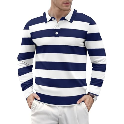 Polo à manches longues pour homme rayé bleu marine et blanc