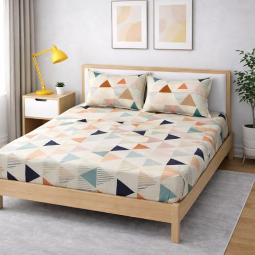 Image of 350 TC Premium Heavy Cotton Feel Elastic Fitted Bedsheet King Size with 2 Pillow Covers || Double Bed with All Around Elastic (White Geometric, Fitted Queen-60x78)