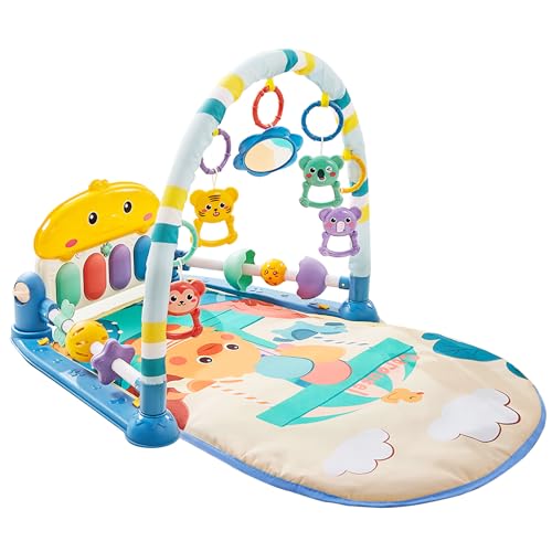 Image of JAWOJOWA Baby Play Mat, Baby Gym with Kick and Play Piano, Tummy Time Activity Mat, 5 Sensory Toys, Music and Lights, Blue