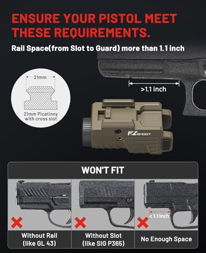 Image of EZshoot 800 Lumens Pistol Light Laser Combo Rechargeable, Pistol Flashlight with Slidable Rail Compatible with Glock and Picatinny Rail, Gun Light with Green Laser Beam, Desert Tan