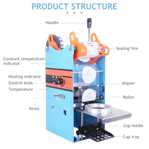 Manual Cup Sealing Machine, 170mm Tall φ90mm/95mm Cup Sealer, for Bubble Boba Milk Tea Cup (BLUE)