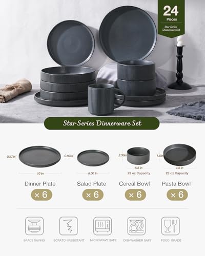 Image of Famiware Star Dinnerware Set with Pasta Bowls, Service for 6 (24 Pieces), Ribbed Stoneware Plates and Double Bowls Sets - Chip & Scratch Resistant, Microwave & Dishwasher Safe, Matte Dark Charcoal