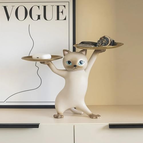 Figura decorativa moderna de gato de resina con bandeja dorada miniatura 6