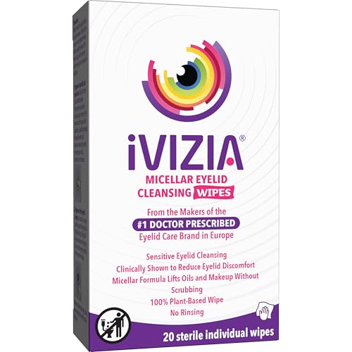 ivizia eyelid cleansing wipes for sensitive eyelid cleansing preservative-free micellar no rinse gentle eye makeup remover 20 sterile single-use wipes for eyelids packaging may vary