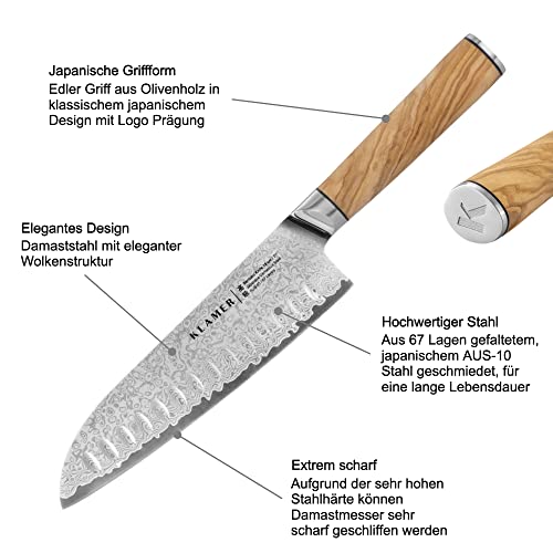 Damastmesser Klamer Santoku aus japanischem Stahl 18 cm