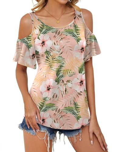 Micoson Cold Shoulder Tops for Women Spring Sexy Blouse Ladies Short Sleeve Round Neck Shirts Cute Tunic Pink Floral M