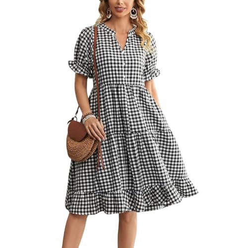 chouyatou Women's Y2k Plaid Babydoll Dress Puff Sleeve Ruffle Hem Short Dress Retro Gingham Swing Midi Dress (Large, Black)